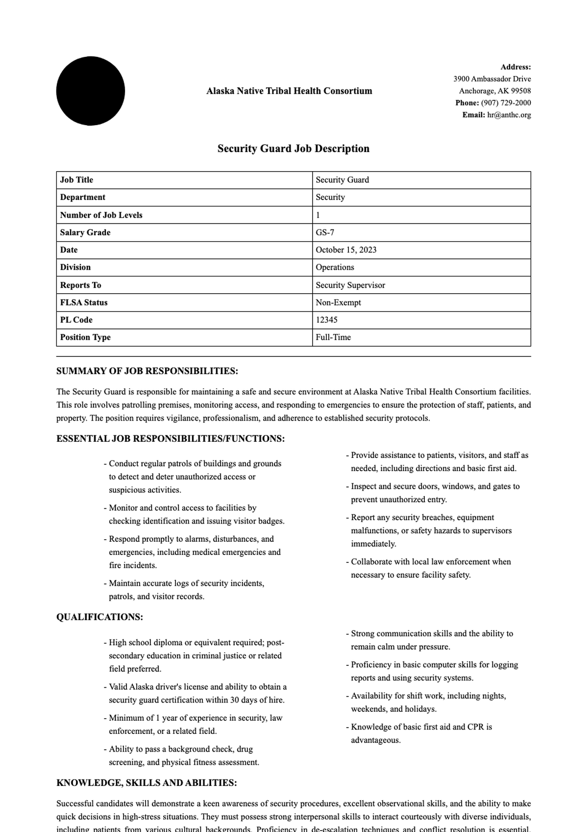 Alaska Native Tribal Health Consortium Security Guard II job description with qualifications and_variant_2